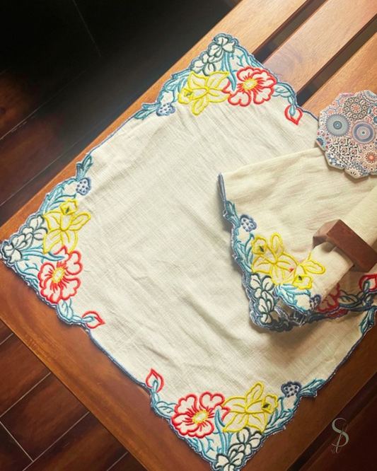 Embroidered Irish Linen Napkin with Bold Floral Corners
